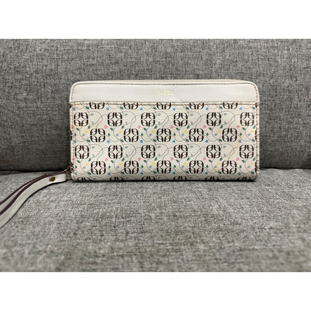 Fossil Logan Zip Around Clutch Wallet RFID Floral Logo Print White Cream